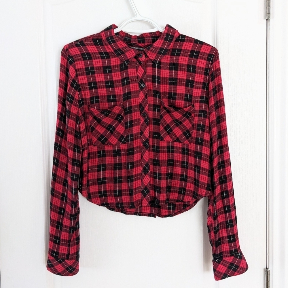 Rails plaid crop button down shirt black red Small @u